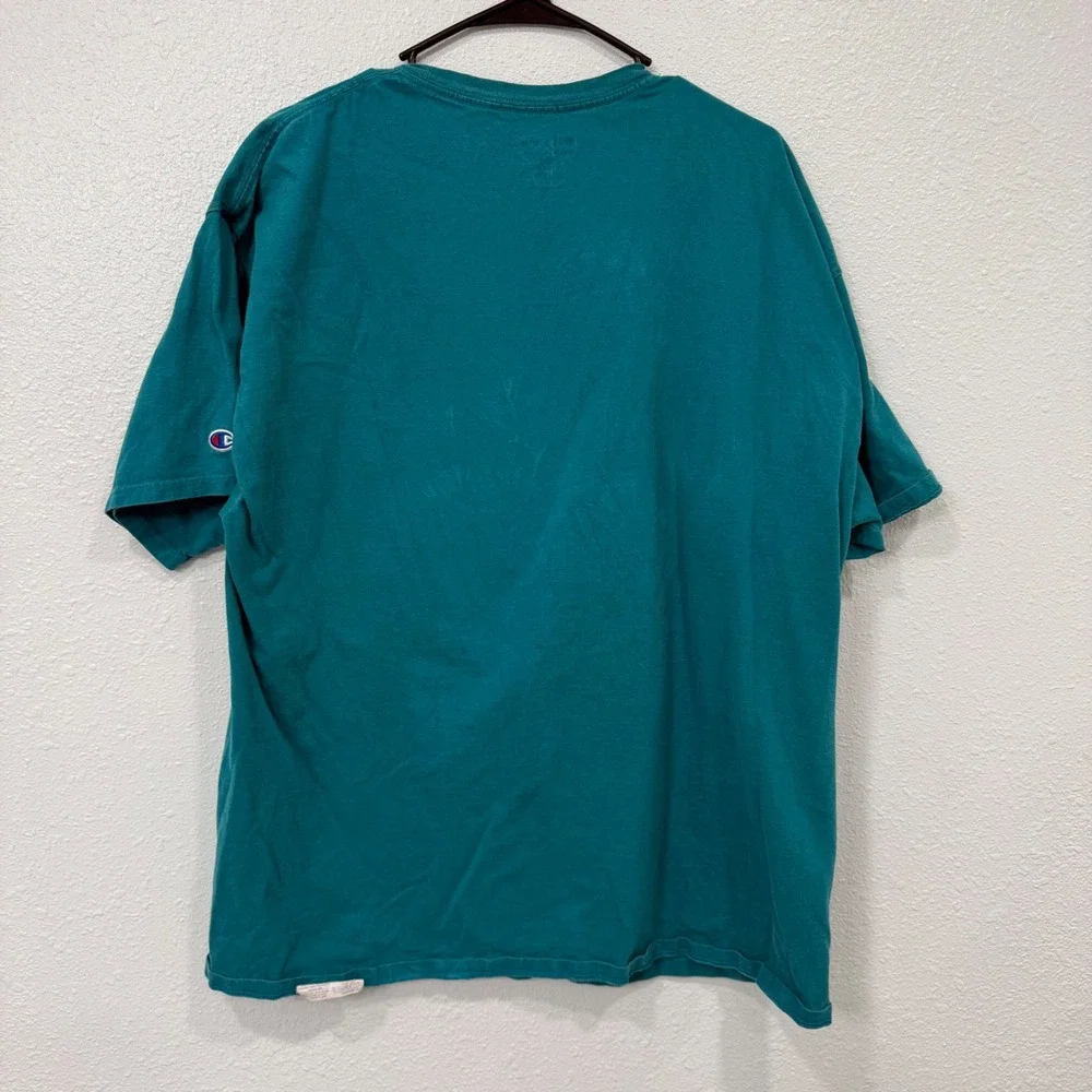 Champion Mens Teal Green Script Logo Graphic T-Shirt 2XL Cotton Short Sleeve - Picture 5 of 8